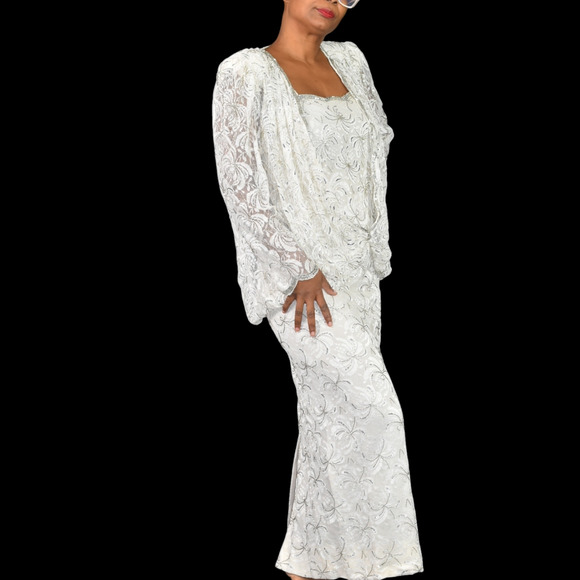 Vintage Beaded Lace Dress White 80s Sequin Maxi Blouson Handmade Bespoke Small - Picture 2 of 12